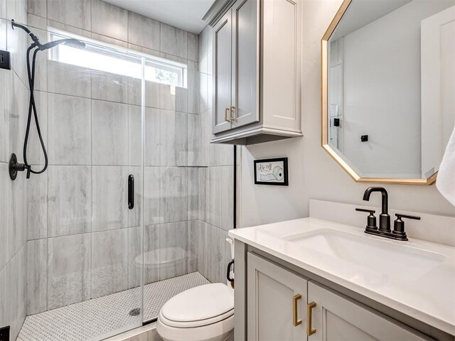 bathroom with walk in shower, vanity, and toilet