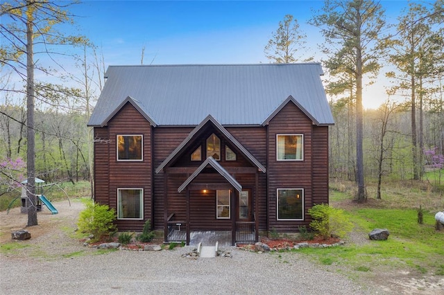 178 Black Jack Trl, Broken Bow, OK 74728 - chalet / cabin with log veneer siding, a porch, and a metal roof