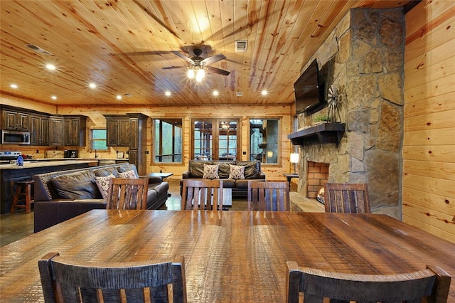 dining room with wood walls, wooden ceiling, sink, ceiling fan, and a fireplace