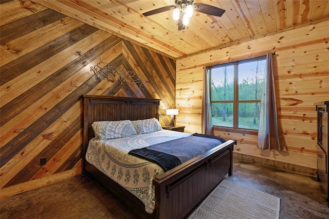 bedroom featuring ceiling fan, wooden ceiling, and wooden walls