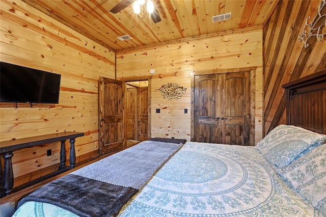 bedroom featuring wooden ceiling, ceiling fan, and wooden walls