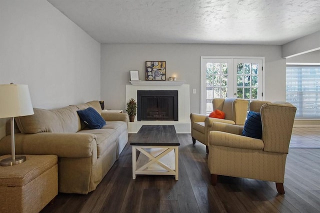 living room with a textured ceiling and dark hardwood / wood-style floors