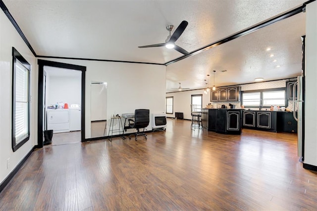 667 County Road 1410th Rd, Ninnekah, OK 73067 - office area with washer and dryer, a ceiling fan, dark wood-type flooring, ornamental molding, and baseboards