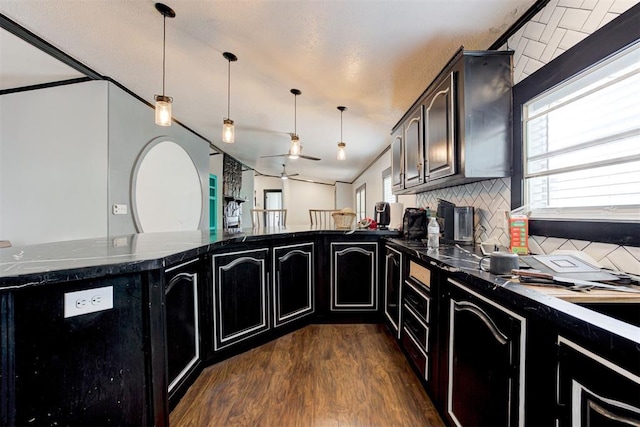 667 County Road 1410th Rd, Ninnekah, OK 73067 - kitchen featuring plenty of natural light, a ceiling fan, dark wood finished floors, and decorative backsplash