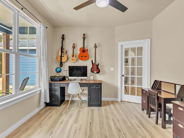 office with a wealth of natural light, ceiling fan, and light wood-type flooring