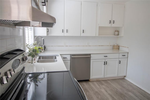 kitchen with sink, light hardwood / wood-style flooring, stainless steel dishwasher, white cabinets, and exhaust hood