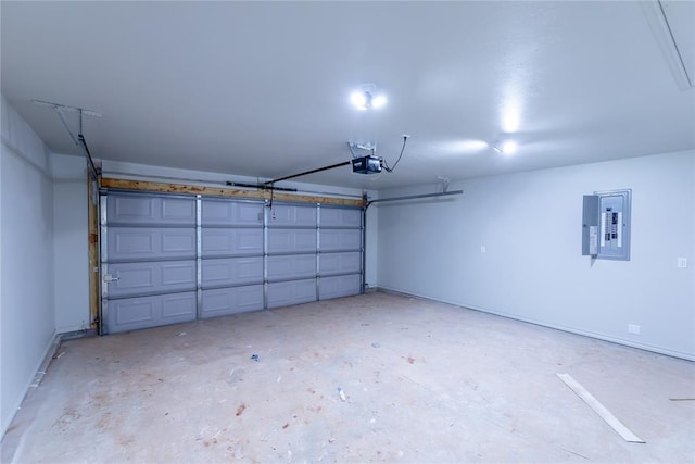 garage with electric panel and a garage door opener