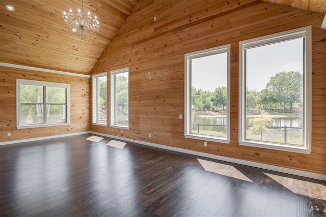 empty room featuring dark hardwood / wood-style flooring, an inviting chandelier, plenty of natural light, and wood walls