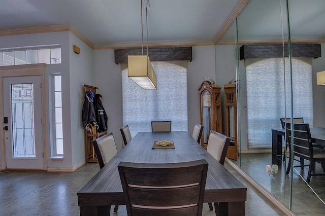 dining area with hardwood / wood-style floors and ornamental molding