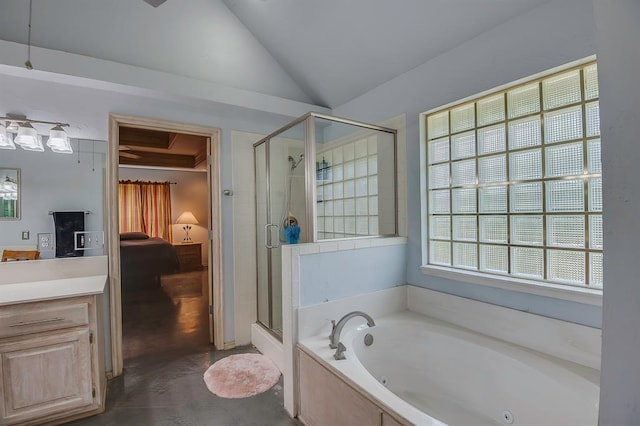 bathroom featuring separate shower and tub, vanity, concrete flooring, and lofted ceiling