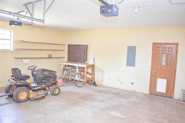 garage with electric panel and a garage door opener