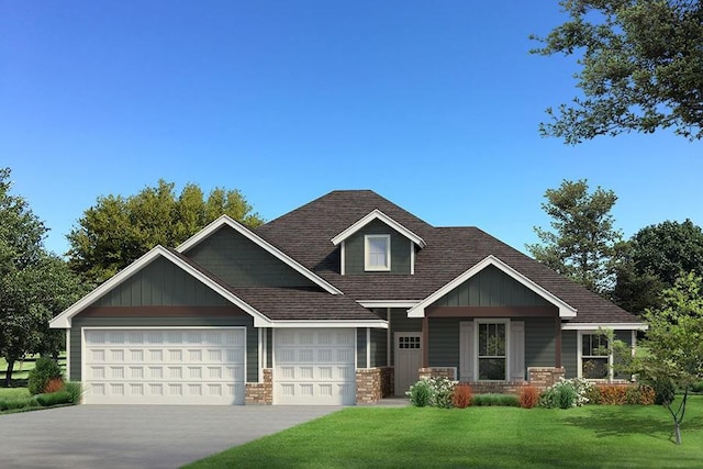 craftsman inspired home featuring a garage and a front lawn