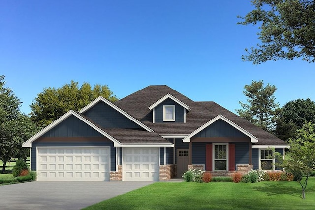 craftsman house with a garage and a front lawn