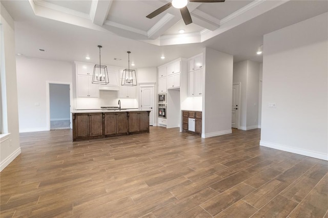 kitchen with white cabinetry, decorative light fixtures, wood-type flooring, and an island with sink