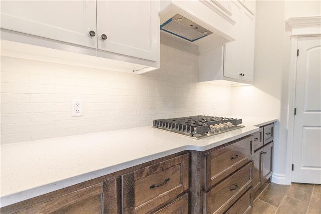 kitchen with white cabinetry, dark brown cabinets, premium range hood, and backsplash