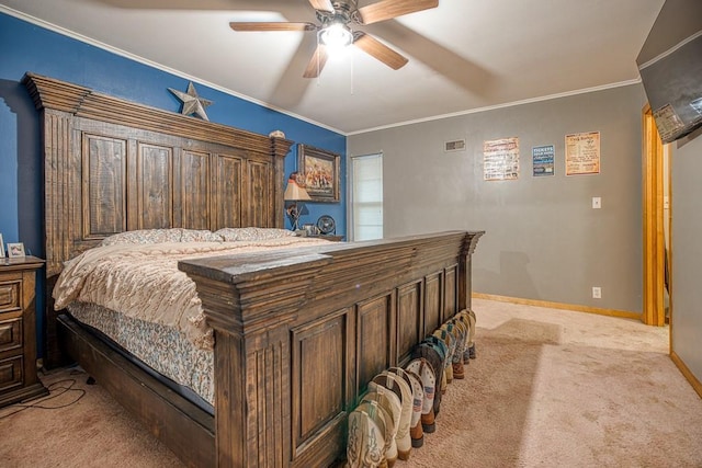 bedroom featuring ceiling fan, ornamental molding, and light carpet