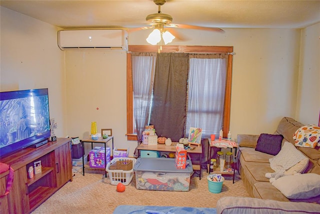 recreation room with ceiling fan, light colored carpet, and a wall mounted AC