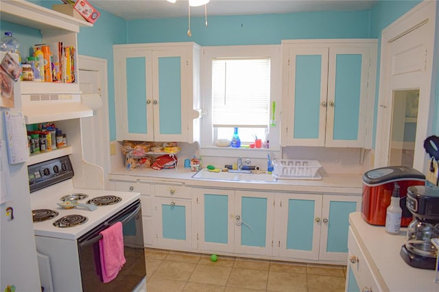 kitchen with exhaust hood, white cabinets, sink, white electric stove, and light tile patterned flooring