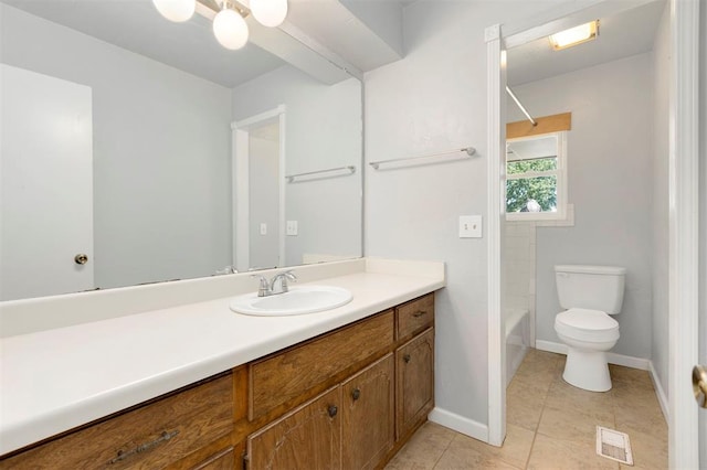 full bathroom with tile patterned flooring, vanity, toilet, and shower / tub combination