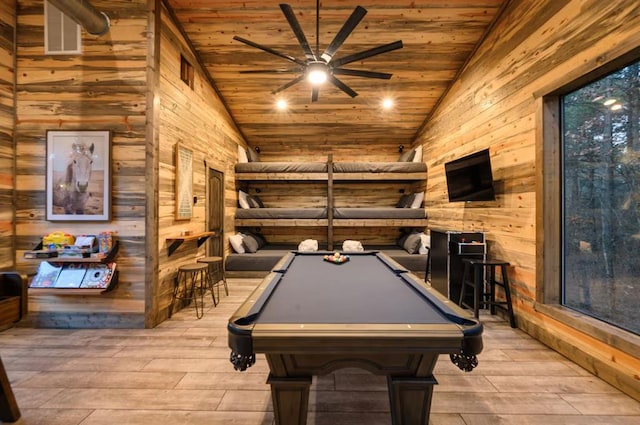 game room with light wood-type flooring, lofted ceiling, pool table, and wooden ceiling