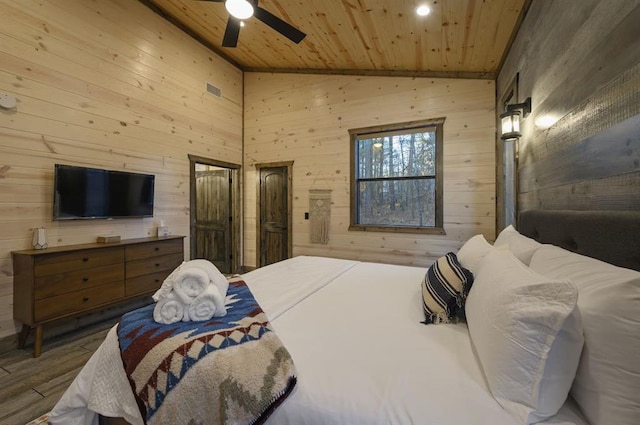 bedroom featuring ceiling fan, wooden ceiling, high vaulted ceiling, wood walls, and hardwood / wood-style floors