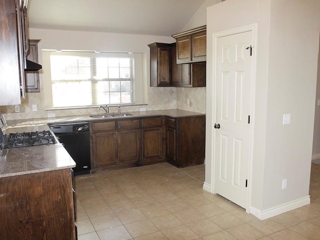 kitchen featuring backsplash, stainless steel range, sink, stone countertops, and black dishwasher