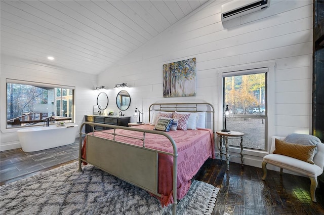 bedroom with high vaulted ceiling, dark hardwood / wood-style floors, an AC wall unit, and wooden ceiling