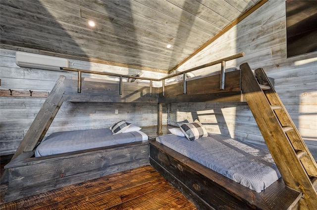 unfurnished bedroom with dark wood-type flooring, wooden ceiling, an AC wall unit, vaulted ceiling, and wooden walls