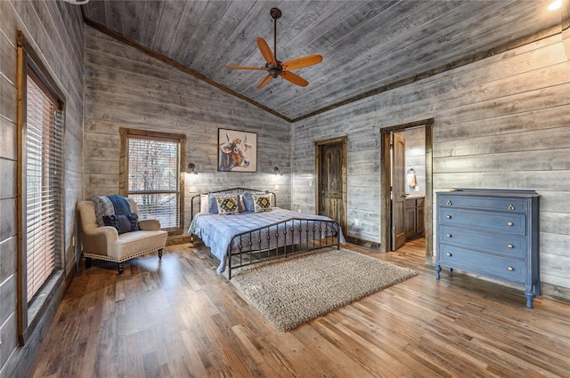 bedroom featuring ceiling fan, wooden ceiling, high vaulted ceiling, wood-type flooring, and wooden walls