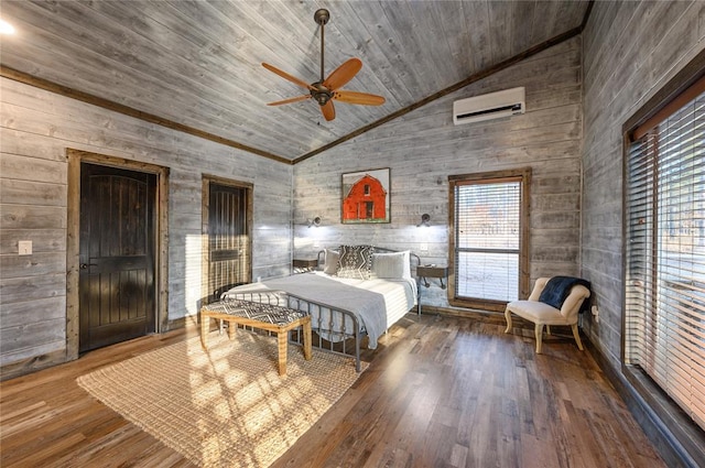 bedroom with ceiling fan, a wall unit AC, high vaulted ceiling, and multiple windows