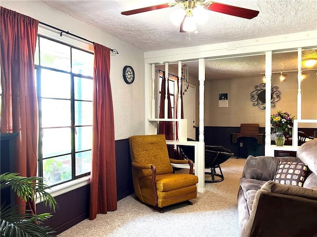 living room featuring plenty of natural light, carpet, and a textured ceiling