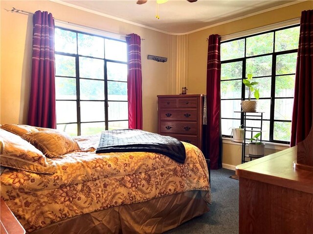 bedroom with crown molding, ceiling fan, and dark colored carpet