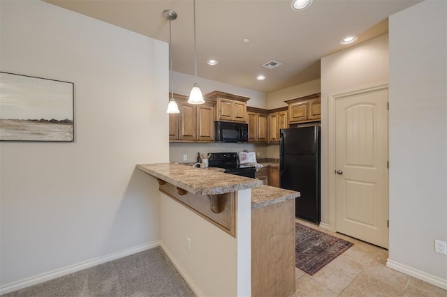 kitchen featuring kitchen peninsula, a kitchen breakfast bar, black appliances, light tile patterned floors, and hanging light fixtures