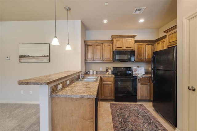 kitchen featuring sink, hanging light fixtures, kitchen peninsula, light colored carpet, and black appliances