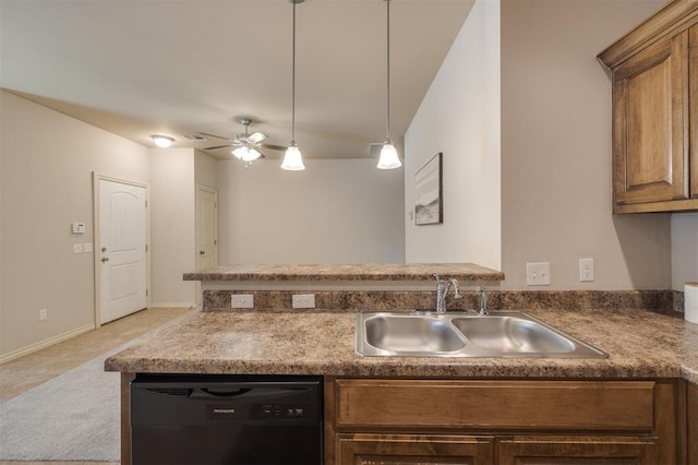 kitchen featuring ceiling fan, sink, light tile patterned floors, decorative light fixtures, and dishwasher