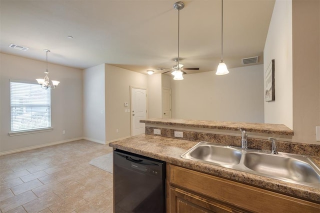 kitchen featuring dishwasher, hanging light fixtures, ceiling fan with notable chandelier, and sink