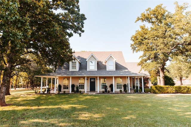 country-style home featuring covered porch and a front yard