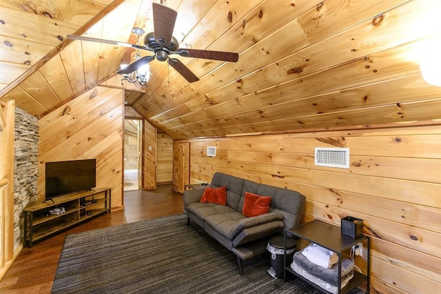 living room with wood ceiling, ceiling fan, wooden walls, dark hardwood / wood-style floors, and lofted ceiling