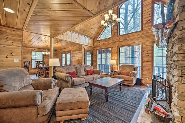 living room with wood ceiling, wood-type flooring, high vaulted ceiling, an inviting chandelier, and wood walls