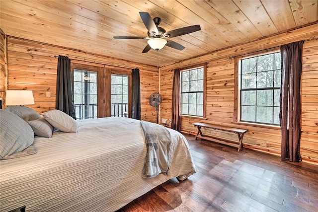 bedroom with wood ceiling, access to outside, ceiling fan, wooden walls, and wood-type flooring