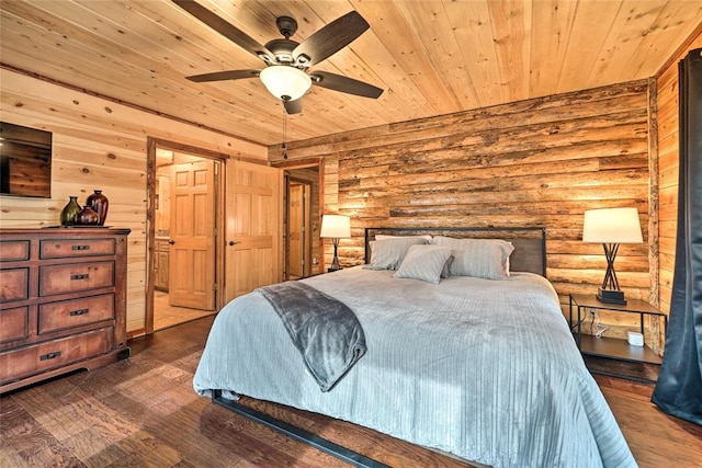 bedroom featuring ceiling fan, wooden ceiling, dark wood-type flooring, and log walls