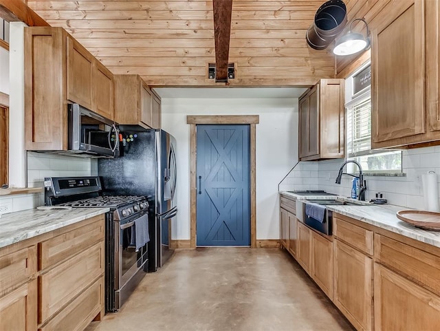 kitchen featuring wood ceiling, stainless steel appliances, light stone countertops, and sink