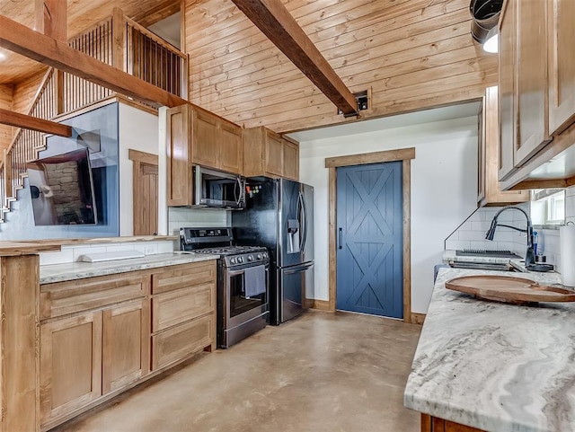 kitchen with sink, wood ceiling, backsplash, stainless steel appliances, and beamed ceiling