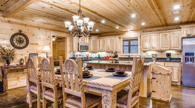 dining room featuring wood walls, wood ceiling, and a notable chandelier