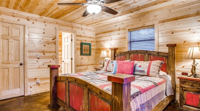 bedroom with wooden ceiling, ceiling fan, and wooden walls