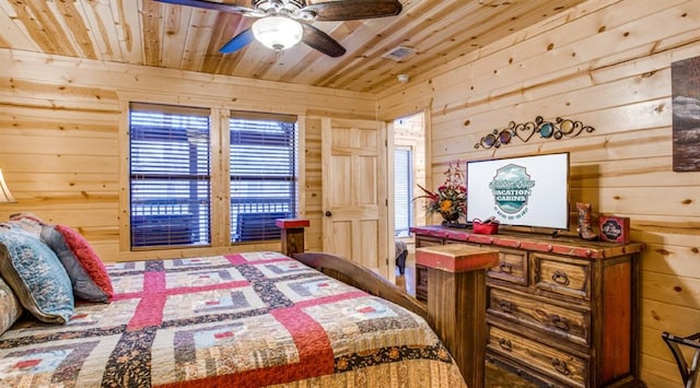 bedroom with ceiling fan, wood walls, and wood ceiling