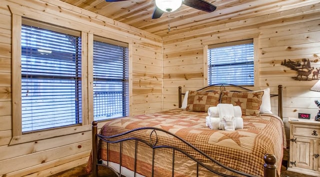 bedroom featuring wood walls, ceiling fan, and wooden ceiling