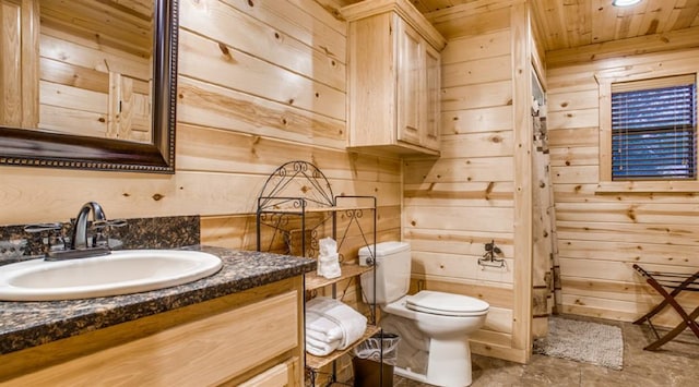 bathroom featuring wood walls, vanity, and wooden ceiling