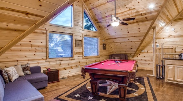 game room featuring wood walls, dark hardwood / wood-style flooring, wooden ceiling, and pool table