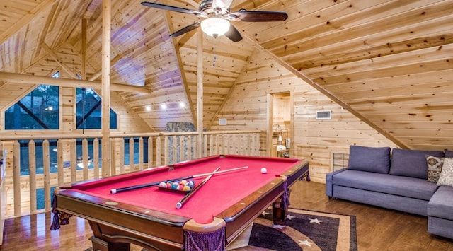 game room featuring pool table, vaulted ceiling with beams, wood-type flooring, and wooden walls